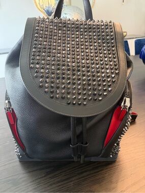 Christian Louboutin Black Backpack with Red Accents and Spike Studs